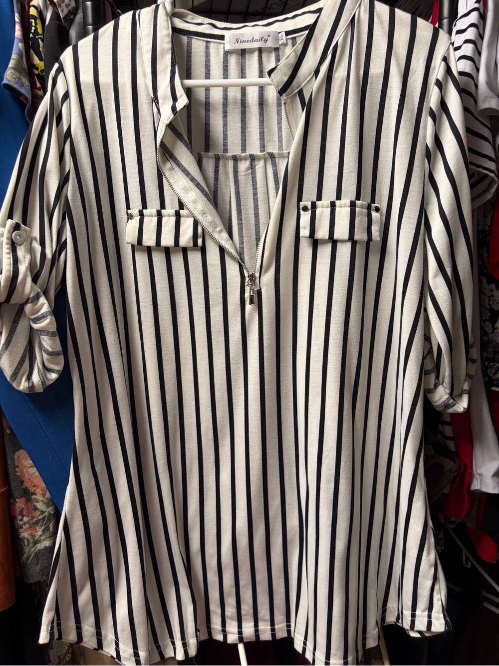 Ninedaily Black & White Vertical Stripe Zip-Front Blouse
